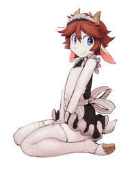  2022 accessory anthro blue_eyes bovid caprine clothing femboy fur goat hair hands_in_lap headband hi_res horn legwear maid_uniform male male_anthro mammal milo_(twang) short_tail simple_background sitting smile solo tail twang uniform white_background white_body white_clothing white_fur white_legwear 