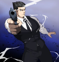  1boy akira_(vanquish_the_ghost) black_hair black_necktie black_pants blue_background dance_dance_revolution frown gradient_background grey_eyes gun hair_slicked_back highres long_sleeves male_focus muscular muscular_male necktie pants smoke smoking_barrel solo standing striped_necktie ten160_(wildxsteve) vest weapon 