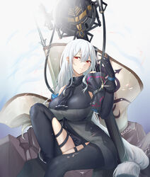  absurdres arknights arm_cuffs artist_name ascot black_ascot black_gloves black_pants black_shirt breasts chinese_commentary clothing_cutout commentary_request feet_out_of_frame female flag gloves highres holding holding_jewelry holding_necklace jewelry kerxeno knee_up large_breasts long_hair looking_at_viewer low-tied_long_hair necklace pants red_eyes rock shirt sitting skadi_(arknights) skadi_(elite_ii)_(arknights) sleeveless sleeveless_shirt solo sword very_long_hair weapon white_hair 