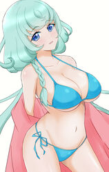  aikatsu!_(series) aikatsu_friends! alicia_charlotte aqua_hair bare_shoulders bikini blue_bikini blue_eyes braid breasts cleavage collarbone commentary_request contrapposto cowboy_shot curly_hair female godoh_(mamurudou) groin highres large_breasts light_blush long_hair looking_at_viewer navel open_mouth side-tie_bikini_bottom simple_background single_braid smile solo standing strap_gap string_bikini swimsuit underboob white_background 