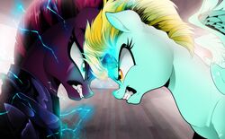  absurd_res amber_eyes armor blonde_hair blue_eyes clenched_teeth dormin-dim duo equid equine eye_scar facial_scar female friendship_is_magic hair hasbro head_to_head hi_res horn lightning_dust_(mlp) mammal my_little_pony my_little_pony:_the_movie_(2017) mythological_creature mythological_equine mythology pegasus purple_hair scar teeth tempest_shadow_(mlp) unicorn wings 