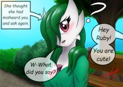  absurd_res asking asking_another asking_what bench blush blush_lines breasts cleavage clothed clothing compliment conjoined_speech_bubble detailed_background dialogue directional_arrow english_text female gardevoir generation_3_pokemon ghostth39 green_hair hair hair_over_eye hi_res humanoid information_box looking_at_viewer medium_breasts medium_hair name_drop name_in_dialogue nintendo not_furry one_eye_obstructed open_mouth park park_bench plant pokemon pokemon_(species) question question_mark red_eyes ruby_(ghostth39) signature solo speech_bubble stuttering talking_to_another text text_box translucent_speech_bubble tree 