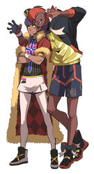  2boys black_hoodie champion_uniform claw_pose commentary_request crossed_arms dark-skinned_male dark_skin dynamax_band earrings facial_hair gloves hands_up highres hood hoodie jewelry knees korean_commentary leggings leon_(pokemon) long_hair male_focus multiple_boys orange_headwear partially_fingerless_gloves pokemon pokemon_swsh purple_hair raihan_(pokemon) redlhzz shirt shoes short_shorts shorts standing white_shorts yellow_eyes 