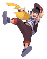  1boy baseball_cap black_hair blush brown_eyes brown_pants capri_pants commentary_request hat highres korean_commentary male_focus navel open_mouth pants pikachu pokemon pokemon_(anime) pokemon_(creature) pokemon_sm_(anime) redlhzz satoshi_(pokemon) shirt shoes short_hair short_sleeves smile striped_clothes striped_shirt t-shirt teeth tongue 