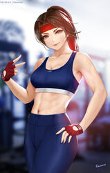  abs artist_name bare_arms bare_shoulders blue_pants blurry blurry_background breasts brown_eyes brown_hair chinese_commentary cleavage commentary_request crop_top easonx female final_fantasy final_fantasy_vii final_fantasy_vii_remake fingerless_gloves flying_sweatdrops gloves headband jessie_rasberry large_breasts long_hair looking_at_viewer midriff pants parted_bangs photoshop_(medium) ponytail red_headband smile solo sportswear sweat toned 