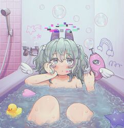  :o afloat angel_wings bad_id bad_twitter_id bathing bathtub blush bubble bubble_gun chromatic_aberration completely_nude female glitch green_hair grey_eyes hair_between_eyes hair_ornament hairclip halo hand_on_own_face heart highres holding looking_up medium_hair nude open_mouth original rainbow rnfhv rubber_duck shower_head solo star_(symbol) twintails water wings 