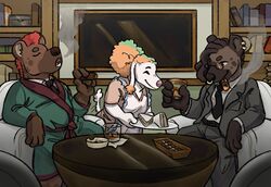  alcohol ambiguous_gender anthro apron armchair ashtray bear beverage biped black_outline bookshelf brown_body brown_fur brown_hair canid canine canis chair cigar clothed clothing container cryptidcoyote cup digital_media_(artwork) domestic_dog dreadlocks dress_shirt drinking_glass ear_tuft eyewear female food frohawk fully_clothed fur fur_markings furniture glass glass_container glass_cup glasses green_hair group hair hair_up hi_res highlights_(coloring) holding_object holding_serving_tray holding_tray housewife hybrid hyena juniper_(yeeniebeans) lounge male male/female mammal manna-mint markings mr.hakkai necktie nonbinary_(lore) orange_hair outline piercing pink_nose poodle red_hair sandwich_(food) serving_food serving_tray shirt slightly_chubby slightly_chubby_female slightly_chubby_male smile smoking smoking_cigar smoking_jacket split_color_hair spots spotted_body spotted_fur suit suit_and_tie suit_jacket table tail tail_motion tail_tuft tailwag tied_hair topwear trio tuft whiskey_glass white_body white_fur wide_hips 