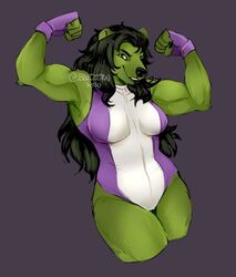  anthro bear big_breasts bluezeru breasts clothing female fur green_body green_fur mammal marvel muscular muscular_female pose she-hulk simple_background solo 