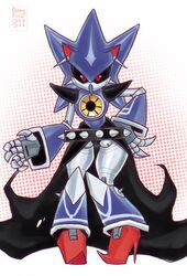  ambiguous_gender anthro black_sclera bottomwear claws clothing dirtyfox911911 eulipotyphlan footwear hedgehog hi_res high_heels looking_at_viewer machine mammal metal_sonic neo_metal_sonic red_eyes robot rule_63 sega skirt solo sonic_the_hedgehog_(series) spikes wide_hips 