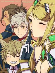  3boys addam_origo animal_ears anniversary blonde_hair breasts cat_boy cat_ears chest_jewel cleavage closed_eyes female gloves grin highres large_breasts looking_at_viewer milton_(xenoblade) minoth_(xenoblade) multiple_boys mythra_(xenoblade) o3o one_eye_closed orange_background scar scar_across_eye scar_on_face smile swept_bangs tiara upper_body v white_gloves xenoblade_chronicles_(series) xenoblade_chronicles_2 xenoblade_chronicles_2:_torna_-_the_golden_country yamamori_kinako yellow_eyes 