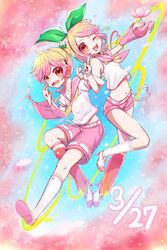  absurdres alternate_color arm_warmers asymmetrical_footwear asymmetrical_sleeves belt blonde_hair bow cherry cherry_blossoms commentary crop_top dated female flower food fruit gradient_hair green_bow hair_ornament hairbow hairclip headphones heart heart-shaped_pupils high_heels highres holding holding_food holding_fruit index_finger_raised kagamine_len kagamine_rin kanato_1227 kneehighs looking_at_viewer mismatched_footwear multicolored_hair one_eye_closed open_mouth petals pink_background pink_eyes pink_flower pink_hair pink_sailor_collar pink_shorts pink_sleeves pink_socks sailor_collar sakura_len sakura_rin school_uniform shirt short_hair short_ponytail short_shorts short_sleeves shorts single_arm_warmer single_leg_warmer single_sleeve smile socks solo spiked_hair star_(symbol) swept_bangs symbol-shaped_pupils uneven_sleeves vocaloid white_shirt wristband 