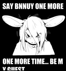  angry anthro black_background bnuuy_(meme) clothing dialogue english_text eye_through_hair eyelashes hair hair_over_eyes hi_res humor impact_(font) janis_(twang) lagomorph leporid long_hair looking_at_viewer male male_anthro mammal monochrome motion_lines rabbit reaction_image shirt simple_background solo text threatening topwear translucent translucent_hair twang 