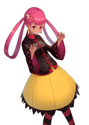  black_jacket blunt_bangs blush chinese_clothes claw_pose commentary earrings eyelashes female hair_rings hair_tie hands_up highres jacket jewelry long_hair pantyhose pink_hair pokemon pokemon_masters_ex punk_girl_(pokemon) red_eyes sharp_teeth skirt solo striped_clothes striped_pantyhose teeth toima_(beat0829) turtleneck v-shaped_eyebrows white_background wide_sleeves yellow_skirt 