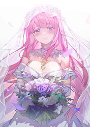  absurdres blush bouquet breasts bridal_veil bride cleavage dress elbow_gloves enicia_(enicia_to_keiyaku_mon) enicia_to_keiyaku_mon falling_petals female flower gloves highres holding holding_bouquet light_smile long_hair petals pink_hair purple_eyes rose saw272 see-through see-through_cleavage smile tearing_up veil very_long_hair wedding_dress white_dress white_flower white_gloves white_rose white_veil 