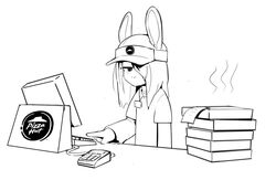  anthro cashier clothing computer container electronics english_text eyelashes hair hair_over_eye hat headgear headwear janis_(twang) keyboard lagomorph leporid looking_aside male mammal monochrome mouthless name_tag one_eye_obstructed paper pizza_box pizza_hut rabbit shirt simple_background solo steam text topwear twang visor_cap white_background 