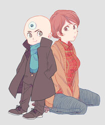  1boy bad_id bad_pixiv_id bald between_legs black_eyes breasts brown_eyes brown_hair buttons cardigan coat collared_shirt denim eye_contact eyebrows eyelashes female full_body grey_background hand_between_legs hands_in_pockets height_difference jeans large_breasts lips long_sleeves looking_at_another mitsume_ga_tooru overcoat pants plaid plaid_shirt scarf sekawa_(krk) sharaku_hosuke shirt shoe_soles shoelaces shoes short_hair simple_background sitting smile standing third_eye wariza wato_chiyoko 