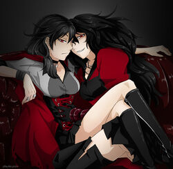  2girls ass_cheeks black_hair breasts brother_and_sister cape choker corset cross looking_at_viewer multiple_girls necklace on_person qrow_branwen raven_branwen red_eyes ring rule_63 rwby siblings skirt smile thighhighs 