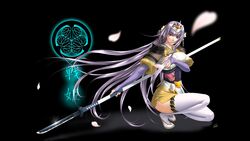  japanese_clothes long_hair purple_eyes purple_hair sengoku_rance senhime thighhighs weapon 