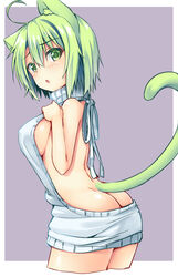  ahoge animal_ears ass backless_dress backless_outfit bare_back blush breasts butt_crack cat_ears cat_tail chestnut_mouth commentary_request cowboy_shot dodome-iro_mayonnaise dress female green_eyes green_hair grey_background hair_between_eyes halterneck hand_on_own_chest hand_up large_breasts looking_at_viewer meme_attire naked_sweater original parted_lips ribbed_sweater sharon_(dodomayo) short_hair sideboob simple_background solo sweater sweater_dress tail turtleneck turtleneck_sweater virgin_killer_sweater 