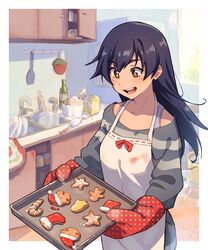  +_+ apron baking baking_sheet blush christmas clothes_pull collarbone commentary cookie cooking dress female food gingerbread_cookie gingerbread_man gloves hair_ornament hairpin happy highres indoors kanbaru_suruga kitchen ladle long_hair long_sleeves mittens monogatari_(series) nifffi off-shoulder_dress off-shoulder_sweater off_shoulder open_mouth orange_eyes oven_mitts purple_hair smile solo strap striped_clothes striped_sweater sweater sweater_dress sweater_pull symbol-only_commentary thick_eyebrows white_apron 