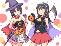  2girls ;) absurdres alternate_costume ascot bare_shoulders black_gloves black_hair breasts brown_eyes candy cane cape clothing_cutout commentary_request cowboy_shot fake_horns food gentoo_penguin_(kemono_friends) gloves halloween_costume headphones highres horns humboldt_penguin_(kemono_friends) jack-o&#039;-lantern jack-o&#039;-lantern_print kemono_friends lollipop long_hair looking_at_viewer medium_breasts multiple_girls navel navel_cutout one_eye_closed purple_cape red_cape red_skirt scythe shiraha_maru short_hair simple_background skirt smile swirl_lollipop yellow_ascot 