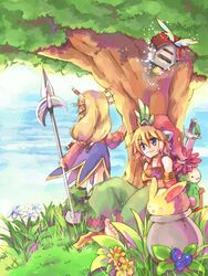  2girls bad_id bad_pixiv_id blonde_hair blue_dress blue_eyes boots brown_footwear closed_mouth commentary_request dress flower full_body grass green_pants hair_between_eyes hizukiryou holding holding_polearm holding_weapon imu_(lom) legend_of_mana long_hair multiple_girls pants plant polearm pot rabbit rabite_(seiken_densetsu) seiken_densetsu short_hair smile spear standing tree weapon yellow_flower 