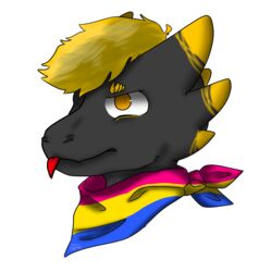  1:1 accessory anthro bandana black_body blep blonde_hair flared_nostrils frown hair head_markings headshot_portrait hi_res kerchief kobold lgbt_pride looking_away male markings multicolored_bandanna multicolored_kerchief multicolored_neckerchief multicolored_neckwear neckerchief neckwear no_pupils pansexual_pride_colors portrait pride_color_accessory pride_color_bandanna pride_color_kerchief pride_color_neckerchief pride_color_neckwear pride_colors rox_(roxthekobold) scales short_stack simple_background solo tongue tongue_out white_background yellow_body yellow_scales 