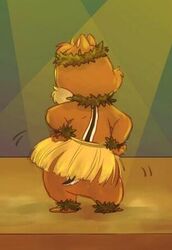  2019 chipmunk clothing dale_(disney) dancing disney fur grass_skirt ground_squirrel head_wreath hula kurokuma824 leaf leaf_clothing leaf_crown low_res mammal rear_view rodent sciurid small_tail solo spotlight tail tan_body tan_fur 