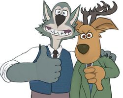  2020 4_fingers 5_fingers aardman_animations angry anthro antlers beastars canid canid_kaiba canine canis cervine claws clothed clothing deer domestic_dog duo fingers gesture gromit_(wallace_and_gromit) hand_gesture horn humor legoshi_(beastars) looking_at_viewer louis_(beastars) male mammal meme pose red_deer simple_background smile style_emulation teeth thumbs_down thumbs_up wallace_(wallace_and_gromit) wallace_and_gromit wolf 