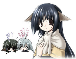  3girls animal_ears aruruu black_hair brown_eyes camyu chibi commentary_request multiple_girls photoshop_(medium) translated tsukirin utawarerumono yuzuha_(utawarerumono) 