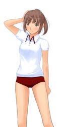  brown_eyes brown_hair buruma female gym_uniform hand_on_own_head imageboard_desourced kimi_kiss non-web_source ponytail red_buruma sakino_asuka short_hair solo transparent_background 