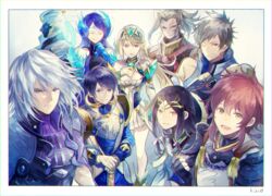  4boys 4girls addam_origo aegaeon_(xenoblade) armor bad_id bad_twitter_id black_hair blue_background blush breasts brighid_(xenoblade) closed_eyes collarbone fan_la_norne feather_hair fire gloves hair_ribbon hat hugo_ardanach jin_(xenoblade) leotard long_hair looking_at_viewer lora_(xenoblade) military military_uniform minoth_(xenoblade) multiple_boys multiple_girls mythra_(xenoblade) okii parted_lips pauldrons purple_hair red_hair ribbon short_hair shoulder_armor simple_background smile uniform white_hair xenoblade_chronicles_(series) xenoblade_chronicles_2 xenoblade_chronicles_2:_torna_-_the_golden_country yellow_eyes 