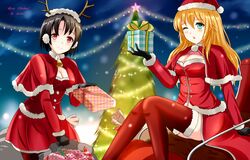  2girls adapted_costume atago_(kancolle) beret black_gloves black_hair blonde_hair box breasts capelet christmas christmas_tree cleavage commentary_request dress gift gift_box gloves green_eyes hat highres jacket kantai_collection long_hair medium_breasts multiple_girls pantyhose red_eyes red_legwear saber-freedom sack santa_costume santa_hat short_hair smile takao_(kancolle) thighhighs 