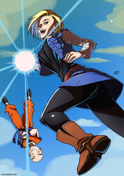  1boy android_18 bald blonde_hair blue_sky cropped_jacket crossed_arms dougi dragon_ball dragon_ball_z energy_ball facial_mark female forehead_mark kukuruyo kuririn looking_at_viewer midair pantyhose sash sky smile upside-down 