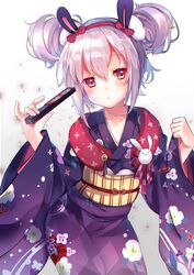  :o absurdres animal_ears azur_lane blush bow brown_eyes collarbone commentary_request double_bun female hair_between_eyes hair_bun hairband hairbow head_tilt highres holding japanese_clothes kimono laffey_(azur_lane) laffey_(snow_rabbit_and_candy_apple)_(azur_lane) long_sleeves looking_at_viewer nekoko_(windcat429) obi official_alternate_costume parted_lips pinching_sleeves print_kimono purple_kimono rabbit_ears red_bow red_hairband sash solo white_hair wide_sleeves 