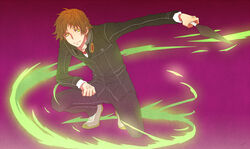  1boy brown_hair commentary_request dark_persona full_body gakuran hanamura_yousuke headphones headphones_around_neck houndstooth kunai male_focus michaelovten on_one_knee painttool_sai_(medium) persona persona_4 purple_background school_uniform shadow_(persona) shadow_yousuke shoes simple_background smile solo weapon wind yellow_eyes 