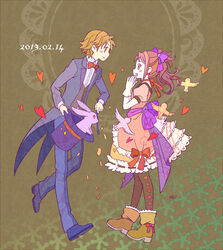  1boy animal bird blush_stickers boots bow bowtie brown_background brown_eyes brown_hair choker commentary_request confetti dress earrings female formal frills hair_ornament hanamura_yousuke hat hat_basket heart holding holding_clothes holding_hat in_hat jewelry kujikawa_rise magician michaelovten open_mouth own_hands_together persona persona_4 ponytail rabbit ribbon simple_background smile sparkle suit tailcoat top_hat traditional_bowtie unworn_hat unworn_headwear valentine wand 