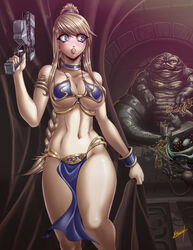  alien armlet armor bikini bikini_armor blonde_hair blue_eyes blush braid braided_ponytail breasts cartains cleavage clenched_teeth crossover curtain curvy fat female gun highres jabba_the_hutt karosu-maker karosu_maker large_breasts loincloth metroid metroid_(creature) navel nervous pelvic_curtain ponytail princess_leia_organa_solo_(cosplay) samus_aran spill star_wars stomach swimsuit teeth tray weapon wide_hips 