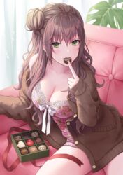  aimori_meguru blush box box_of_chocolates breasts candy cardigan chocolate cleavage come_hither couch female finger_to_mouth floral_print food food_in_mouth green_eyes hair_bun heart heart-shaped_chocolate highres lace-trimmed_camisole lace_trim large_breasts long_hair looking_at_viewer no_pants open_cardigan open_clothes original print_camisole single_hair_bun sitting solo valentine wavy_hair 