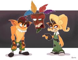  2021 activision aku_aku animate_inanimate anthro bandicoot clothing crash_(series) eye_contact fake_coco female footwear fur group hair living_clothing living_mask long_hair looking_at_another magaska19 male mammal marsupial mask shoes signature simple_background trash_bandicoot 