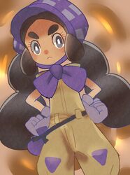  :&lt; black_hair bonnet closed_mouth commentary_request eyelashes female gloves grey_eyes hands_on_own_hips hapu_(pokemon) jumpsuit long_hair looking_at_viewer one-hour_drawing_challenge pokemon pokemon_sm shugara solo thick_eyebrows twintails 