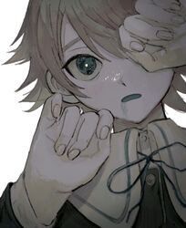  1boy black_ribbon blush bright_pupils brown_hair bruise bruise_on_face buttons circuit_board close-up collared_shirt computer_chip danganronpa:_trigger_happy_havoc danganronpa_(series) eyebrows_hidden_by_hair fujisaki_chihiro green_eyes grey_background hands_up highres injury looking_at_viewer male_focus neck_ribbon one_eye_covered open_mouth portrait ribbon sema_(vivaviva_02) shirt short_hair simple_background solo white_pupils 