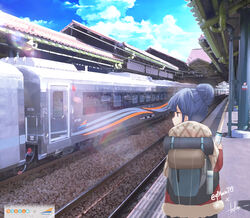  absurdres backpack bag blue_hair blue_jacket blue_sky cellphone cloud commentary copyright_name day female from_behind hair_bun highres holding holding_phone indonesia jacket jakarta jknor lens_flare outdoors phone purple_eyes railroad_tracks real_world_location rooftop shawl shima_rin sidelocks signature single_hair_bun sky smartphone solo standing train train_station train_station_platform upper_body vanishing_point yurucamp 