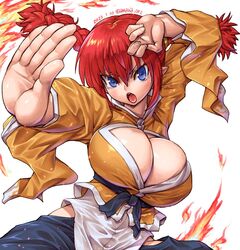  amania_orz blue_eyes braid breasts cleavage cleavage_cutout clothing_cutout cowboy_shot dated disgaea female female_brawler_(disgaea) hair_between_eyes large_breasts long_sleeves looking_at_viewer open_mouth pointy_ears red_hair shirt simple_background solo twin_braids twitter_username white_background yellow_shirt 