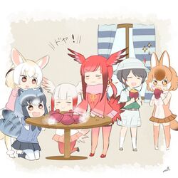  6+girls :3 :d animal_ears bird_tail black_hair blonde_hair blush brown_hair captain_(kemono_friends) chibi closed_eyes commentary_request common_raccoon_(kemono_friends) curtains dhole_(kemono_friends) dog_ears eating fennec_(kemono_friends) food fox_ears frilled_sleeves frills grey_hair hat head_wings japanese_crested_ibis_(kemono_friends) kemono_friends kemono_friends_3 kneeling multicolored_hair multiple_girls open_mouth pantyhose pleated_skirt raccoon_ears raccoon_tail red_hair scarlet_ibis_(kemono_friends) skirt smile smug sparkle standing steam sweet_potato table tail uzuki_machi white_hair white_headwear wide_sleeves window wings 