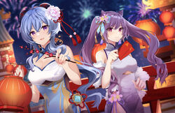  2girls :d aerial_fireworks ahoge alternate_costume artist_name bare_arms bare_shoulders black_thighhighs blue_hair braid branch breasts building china_dress chinese_clothes chinese_new_year cleavage cleavage_cutout closed_mouth clothing_cutout commentary cone_hair_bun crossed_bangs double_bun dress english_commentary envelope fireworks floating_hair flower ganyu_(genshin_impact) genshin_impact goat_horns hair_bun hair_flower hair_ornament highres holding holding_branch holding_envelope holding_lantern horns k-rumi keqing_(genshin_impact) lantern long_hair medium_breasts multicolored_clothes multicolored_dress multiple_girls nail_polish night night_sky paper_lantern parted_bangs purple_eyes purple_hair red_flower side_slit sidelocks sky sleeveless sleeveless_dress smile tassel tassel_hair_ornament thighhighs twintails upper_body vision_(genshin_impact) white_dress white_flower 