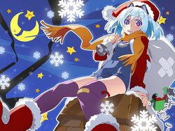  1000-chan animal_ears bag bandaid bandaid_on_clothes bandaid_on_knee bandaid_on_leg boots cat_ears chimney coin female gift hat moon official_art official_wallpaper oizumi santa_boots santa_costume santa_hat scarf school_swimsuit smokestack solo source_request star-shaped_pupils star_(sky) star_(symbol) swimsuit symbol-shaped_pupils thighhighs twintails watanabe_akio 