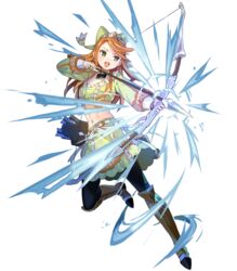  abs aiming arrow_(projectile) boots bow bow_(weapon) crop_top etie_(fire_emblem) female fire_emblem fire_emblem_engage fire_emblem_heroes full_body glowing glowing_weapon green_eyes hair_ornament hairbow highres holding holding_arrow holding_bow_(weapon) holding_weapon jewelry knee_boots leg_up long_hair long_sleeves looking_away midriff navel non-web_source official_art open_mouth orange_hair pantyhose quiver ribbon skirt solo stomach tiara tobi_(kotetsu) transparent_background weapon 