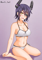  anti_(untea9) bare_shoulders barefoot bikini blush breasts cleavage collarbone commentary_request eyepatch female full_body groin highres holding_own_foot kantai_collection large_breasts looking_at_viewer midriff navel official_alternate_costume open_mouth photoshop_(medium) purple_background purple_hair short_hair simple_background sitting solo swimsuit tenryuu_(kancolle) tenryuu_(swimsuit_mode)_(kancolle) twitter_username v-shaped_eyebrows wariza white_bikini yellow_eyes 