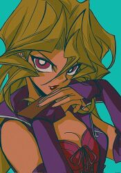  abaolikebz bare_shoulders blonde_hair blue_background breasts card cleavage detached_sleeves female hair_between_eyes highres holding holding_card kujaku_mai long_hair looking_at_viewer parted_lips pink_eyes solo upper_body yu-gi-oh! yu-gi-oh!_duel_monsters 